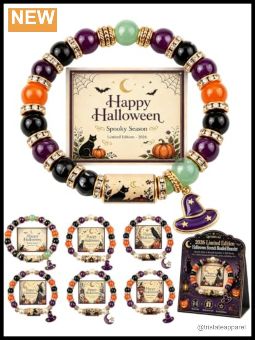 Halloween Black Cat Pumpkin Stretch Beaded Bracelet Set